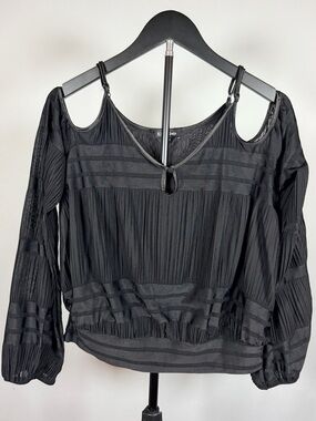 bebe Black Cold-Shoulder Sheer Pleated Blouse